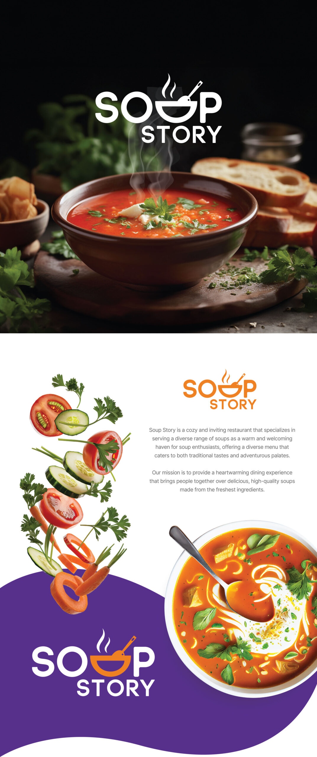 Soup Story logo with bowl and steam icon in orange and white
