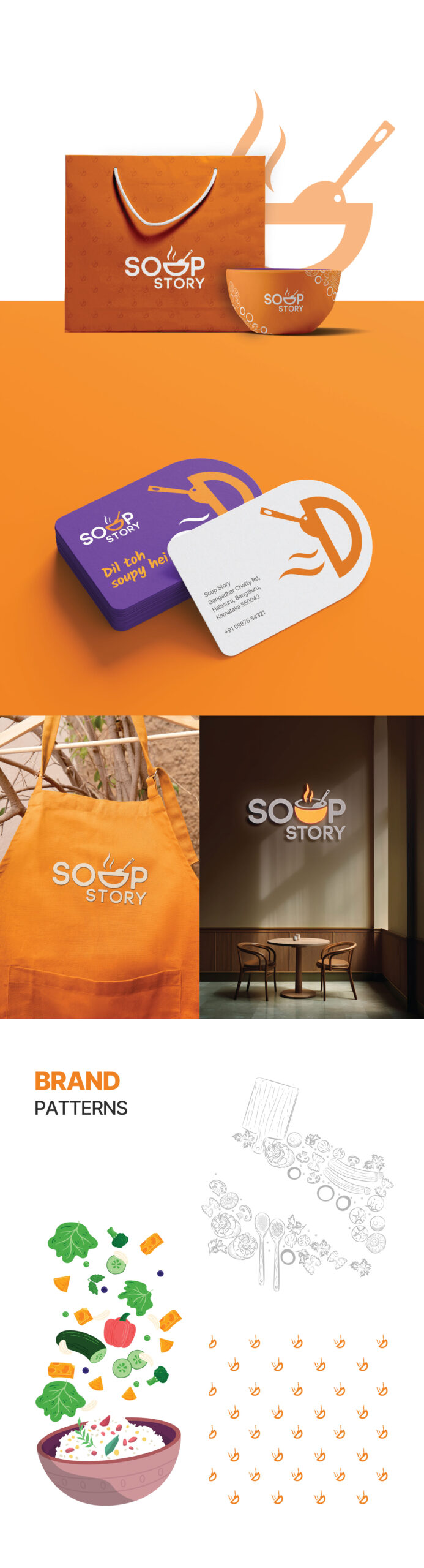 Soup Story branded packaging with takeaway bag and soup bowl